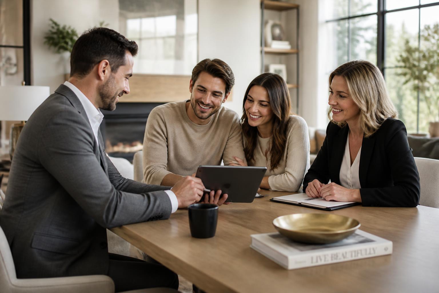 A real estate agent, a buyer couple, and a mortgage professional reviewing financing options together at a dining table